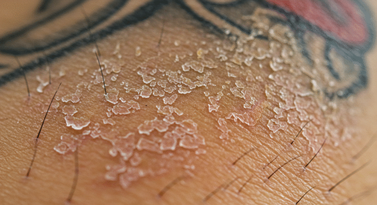 Close-up de uma tatuagem descascando de forma saudável, mostrando o processo normal de cicatrização.