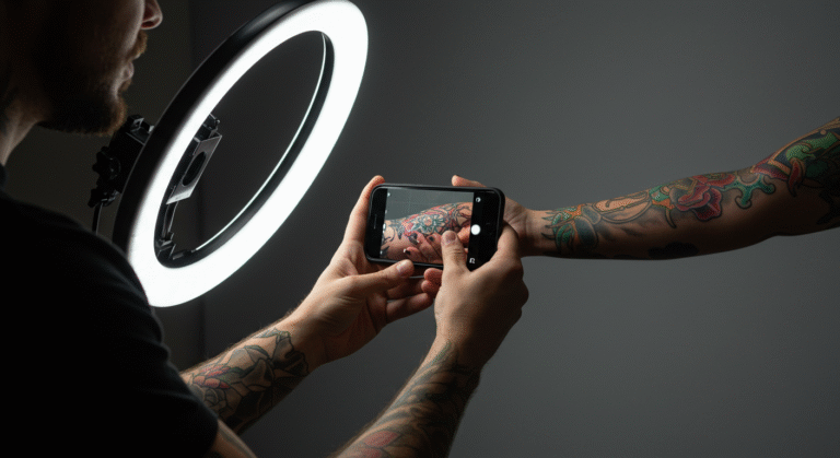 Tatuador usando um celular e uma ring light para tirar uma foto profissional de uma tatuagem, sem reflexos.