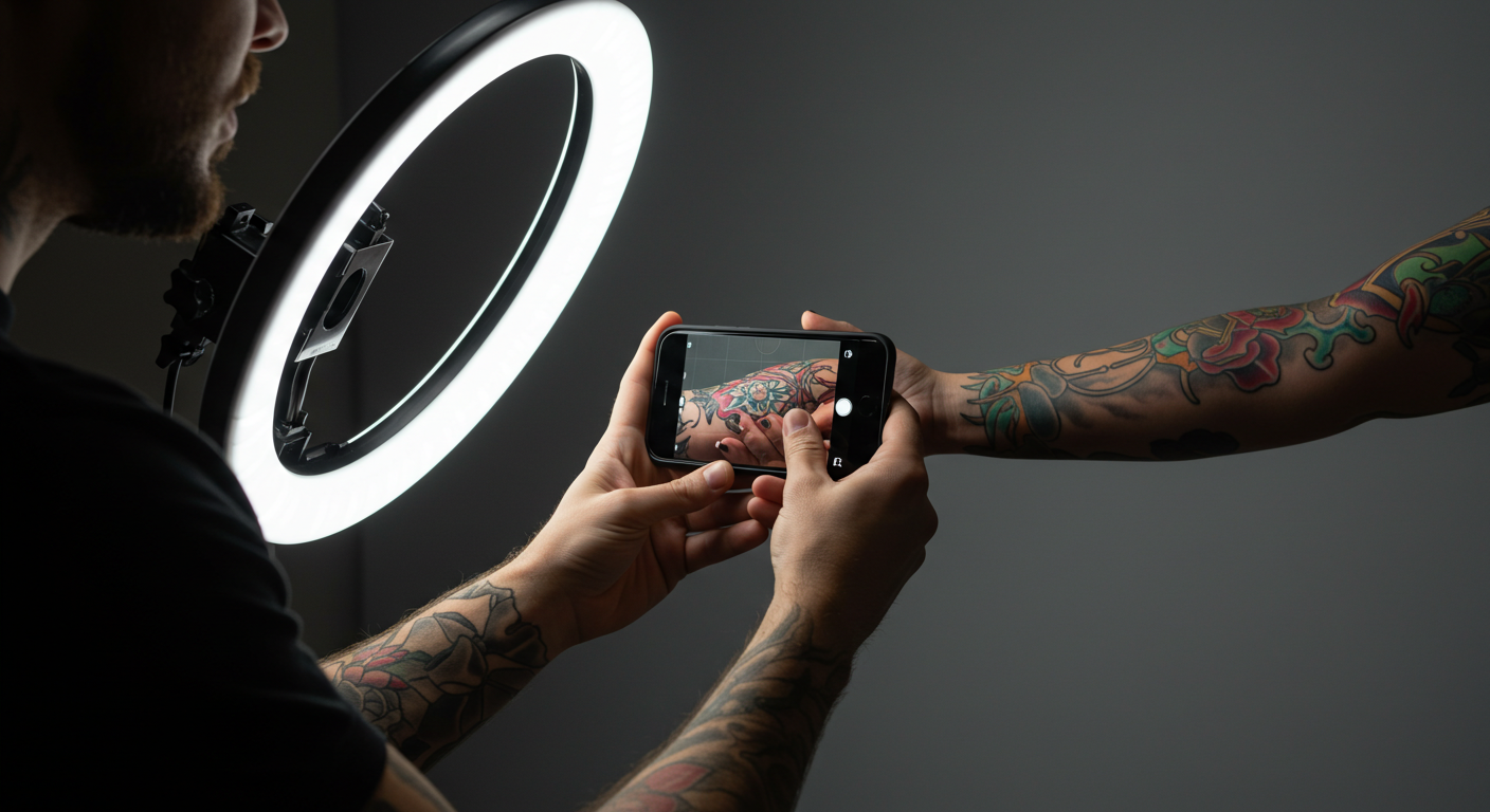 Tatuador usando um celular e uma ring light para tirar uma foto profissional de uma tatuagem, sem reflexos.
