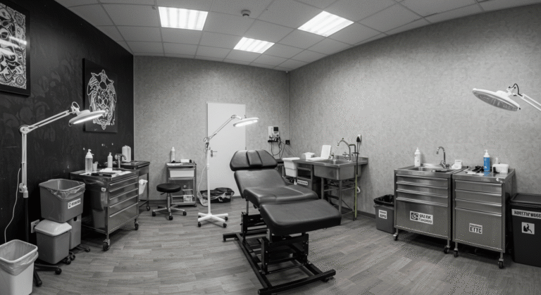 Estúdio de tatuagem profissional, limpo e organizado, seguindo todas as normas da ANVISA para segurança.