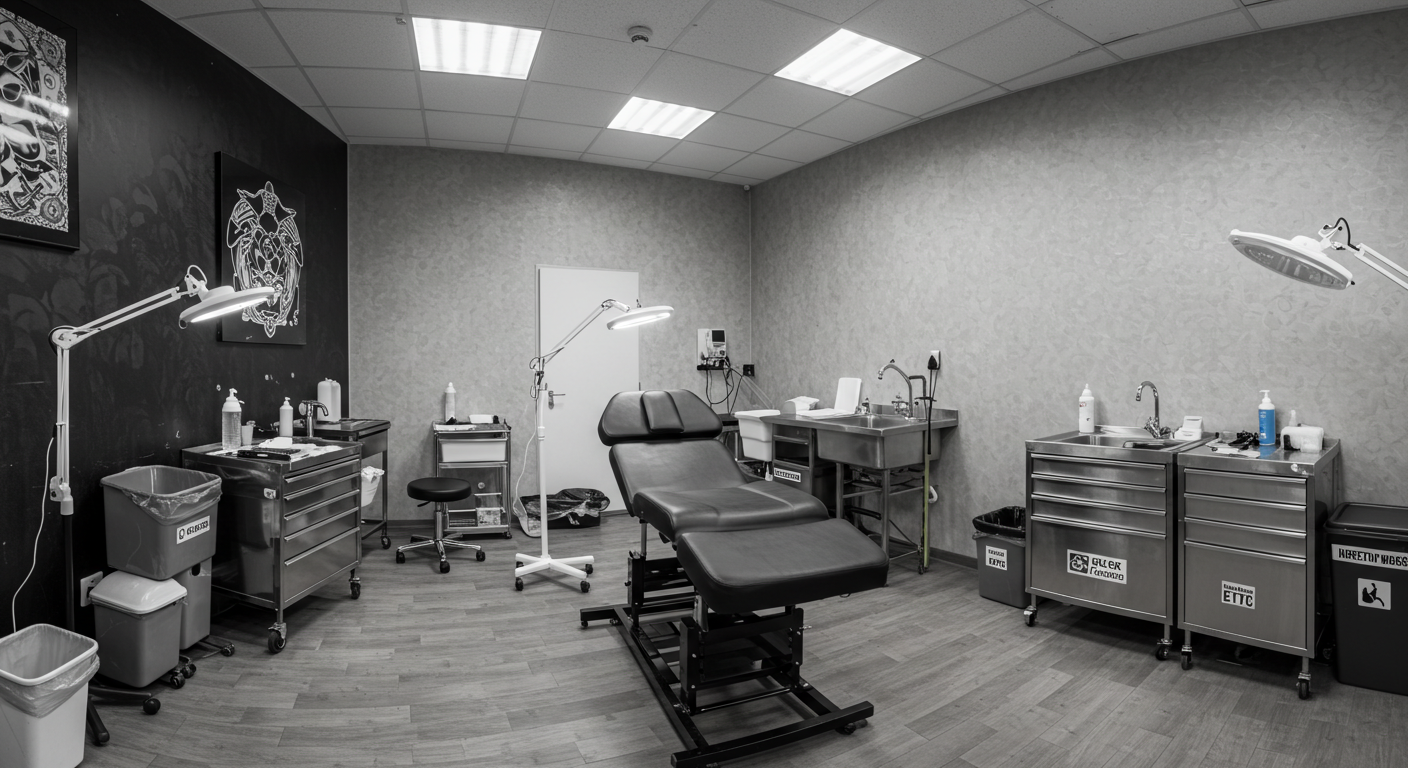 Estúdio de tatuagem profissional, limpo e organizado, seguindo todas as normas da ANVISA para segurança.