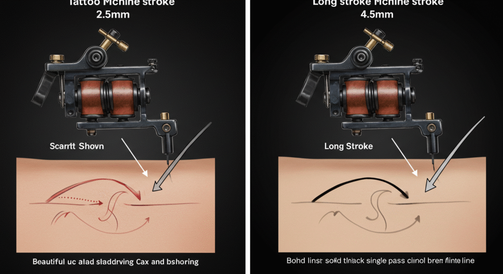 Infográfico explicando a diferença do curso da máquina de tatuagem para traço e para sombreamento.