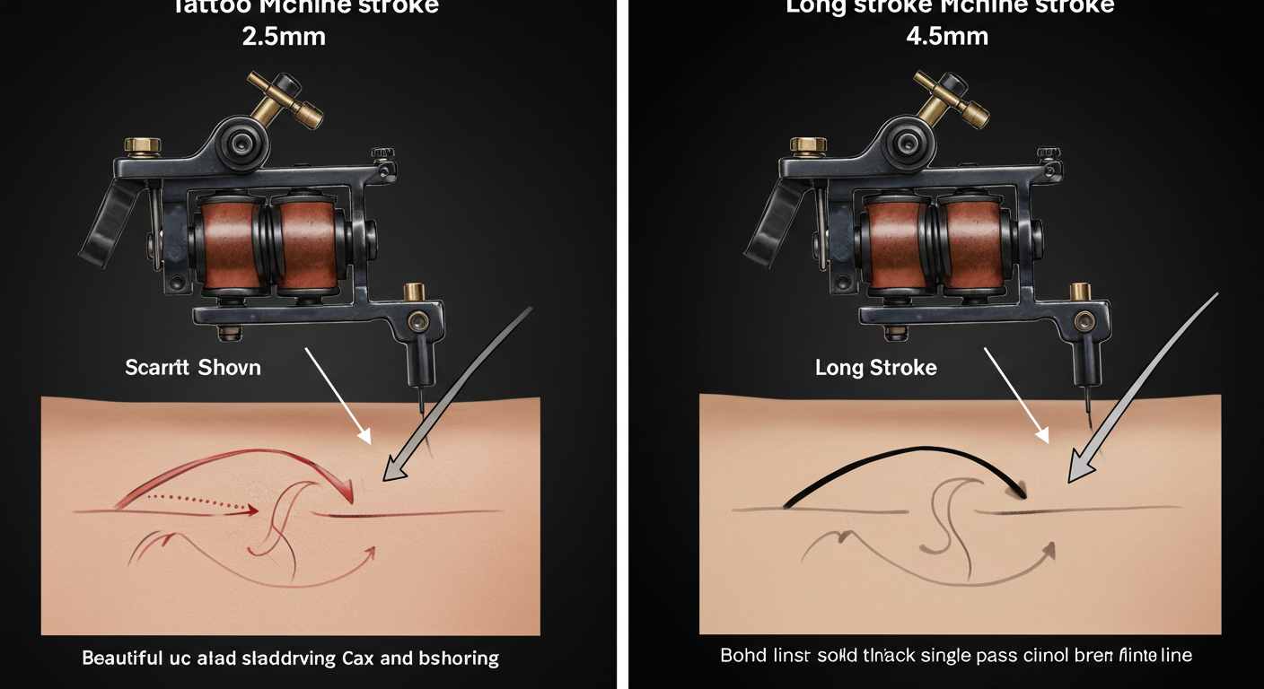 Infográfico explicando a diferença do curso da máquina de tatuagem para traço e para sombreamento.