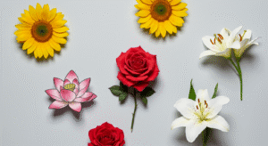Composição com diversas flores, incluindo rosa, lótus e girassol, ilustrando o significado da tatuagem de flores.