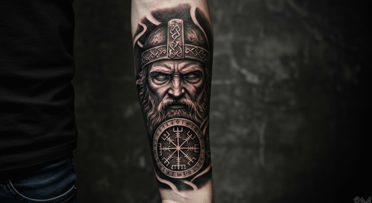 Antebraço masculino com uma tatuagem de realismo de um guerreiro Viking, como uma das ideias para a região.