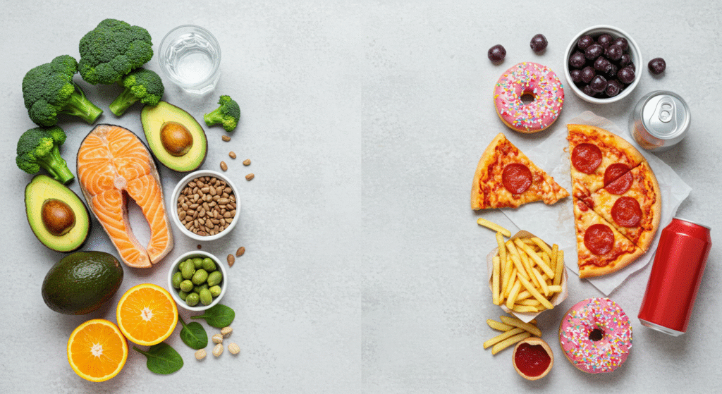 Comparativo de alimentos saudáveis e não saudáveis, ilustrando o que se pode comer depois de fazer uma tatuagem.