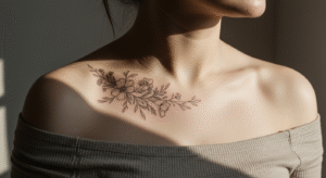 Mulher com uma tatuagem no ombro feminina e delicada, com um ramo de flores em fine line que se estende pela clavícula.