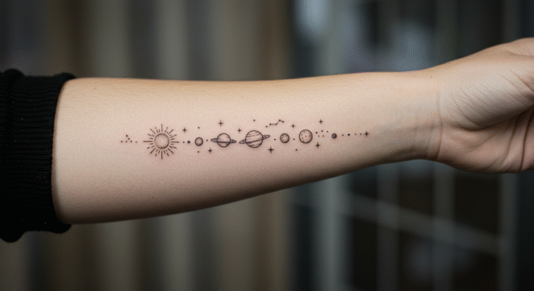 Tatuagem delicada com os planetas do sistema solar alinhados no antebraço, mostrando o significado da tatuagem de planetas.