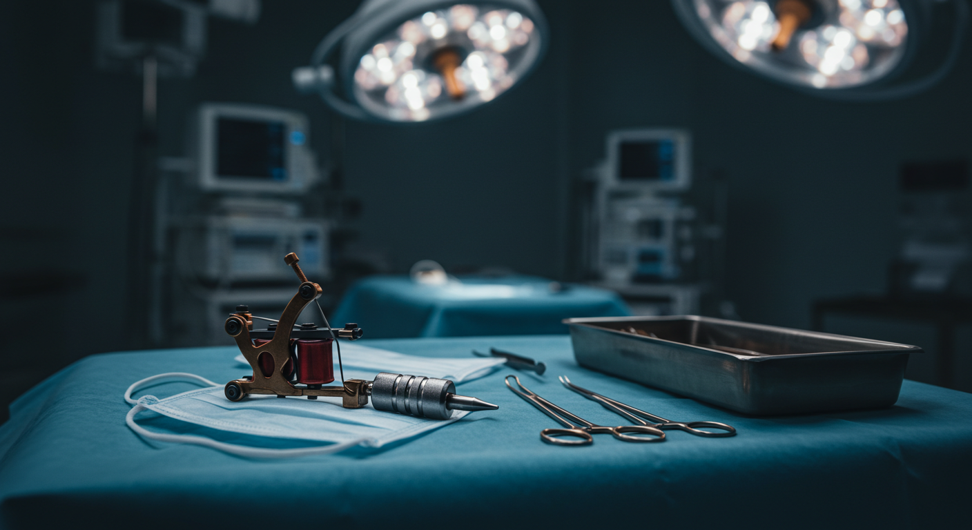 Máquina de tatuagem ao lado de uma máscara de anestesia em um ambiente cirúrgico, simbolizando os riscos da anestesia geral para tatuagem.