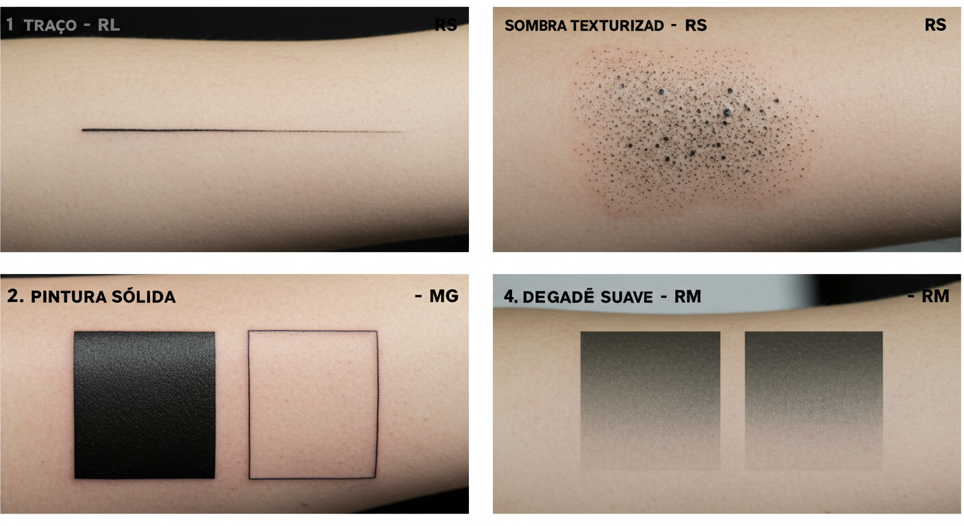 Infográfico mostrando os principais tipos de agulha de tatuagem: RL para traço, RS para sombra, MG para pintura e RM para degradê.