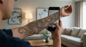 Pessoa usando um aplicativo para simular uma tatuagem de dragão no próprio braço com a tecnologia de realidade aumentada.