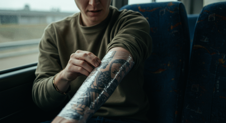 Pessoa em um ônibus ou carro cuidando de sua tatuagem recém-feita em uma convenção, com o braço protegido por plástico-filme.
