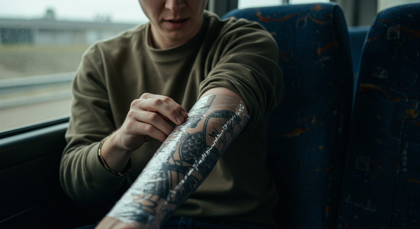 Pessoa em um ônibus ou carro cuidando de sua tatuagem recém-feita em uma convenção, com o braço protegido por plástico-filme.