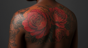 Tatuagem colorida com flores em pele negra, mostrando como as cores vibrantes se destacam e o resultado final é incrível.