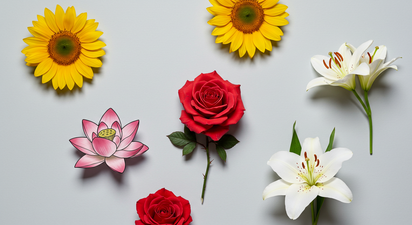 Composição com diversas flores, incluindo rosa, lótus e girassol, ilustrando o significado da tatuagem de flores.