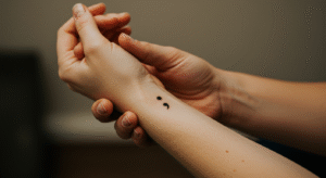 Mão de uma pessoa segurando o pulso de outra, que tem uma tatuagem de ponto e vírgula, simbolizando apoio e o significado do movimento.