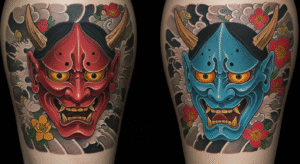 Comparativo entre uma tatuagem da máscara de Hannya e uma do demônio Oni, ilustrando o significado de cada uma.