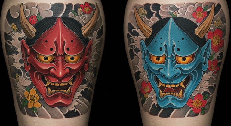 Comparativo entre uma tatuagem da máscara de Hannya e uma do demônio Oni, ilustrando o significado de cada uma.