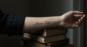 Tatuagem com a frase "Amor Fati" em caligrafia fina no antebraço, com livros de filosofia ao fundo, ilustrando seu significado.