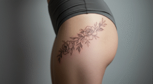 Mulher com uma tatuagem underbutt de um ramo de flores, como uma das ideias de tatuagem na bunda feminina.