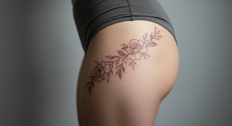 Mulher com uma tatuagem underbutt de um ramo de flores, como uma das ideias de tatuagem na bunda feminina.