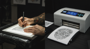 Comparativo mostrando como fazer decalque para tatuagem: o método manual de um lado e uma impressora térmica do outro.