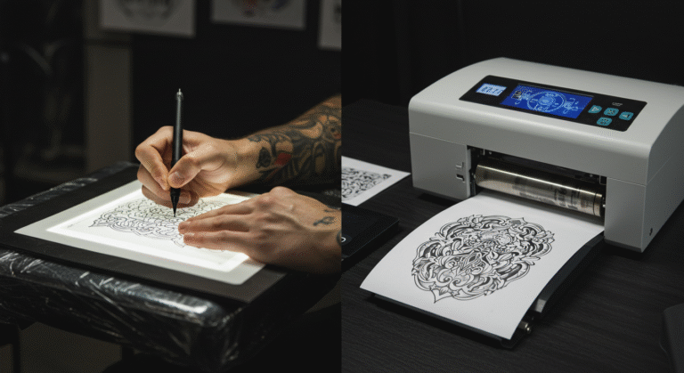 Comparativo mostrando como fazer decalque para tatuagem: o método manual de um lado e uma impressora térmica do outro.