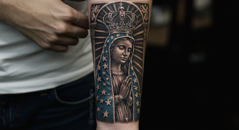 Tatuagem realista de Nossa Senhora Aparecida em preto e cinza, ilustrando o significado de fé e devoção.