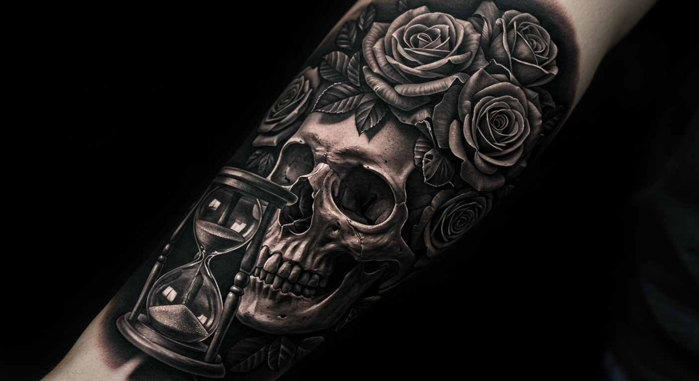 Tatuagem no estilo Memento Mori, com uma caveira, rosas e uma ampulheta, representando o significado de que a vida é passageira.