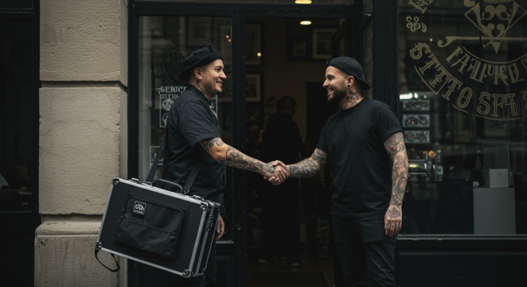 Tatuador chegando a um estúdio para um guest spot, sendo recebido pelo dono, ilustrando como conseguir uma vaga de convidado.