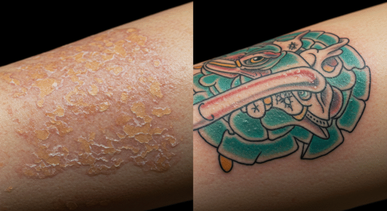 Comparativo mostrando o resultado de uma cicatrização a seco, com cascas grossas, e uma cicatrização úmida, com a pele saudável.