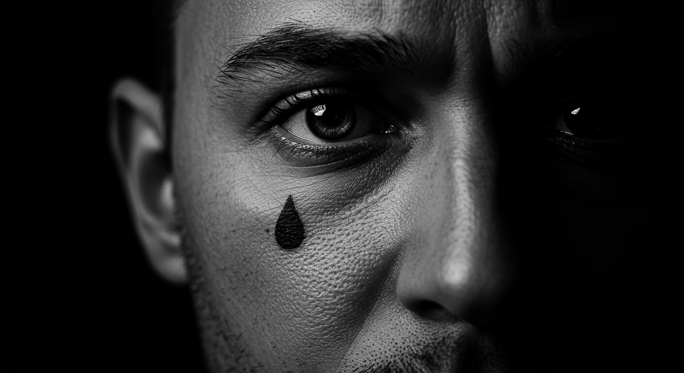 Close-up do rosto de um homem com uma tatuagem de lágrima preenchida, ilustrando o significado pesado e complexo do símbolo.