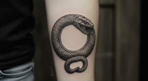 Tatuagem realista de um Ouroboros, a serpente mordendo a própria cauda, ilustrando seu significado de ciclo eterno.