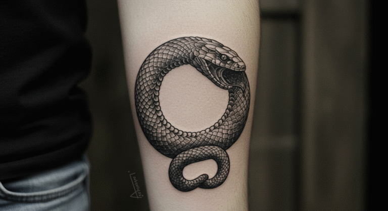 Tatuagem realista de um Ouroboros, a serpente mordendo a própria cauda, ilustrando seu significado de ciclo eterno.
