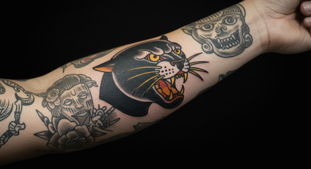 Braço com uma blast over tattoo de uma pantera Old School por cima de tatuagens antigas em preto e cinza.