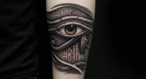 Tatuagem realista do Olho de Hórus em preto e cinza, ilustrando seu significado de proteção e poder espiritual.