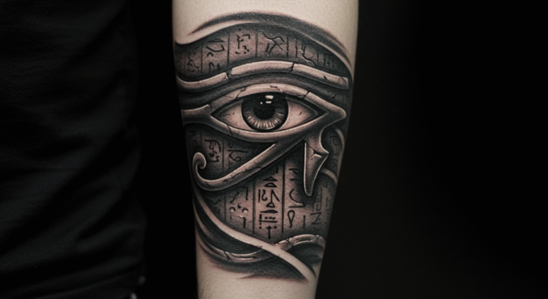 Tatuagem realista do Olho de Hórus em preto e cinza, ilustrando seu significado de proteção e poder espiritual.
