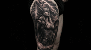 Tatuagem realista de uma Valquíria com armadura e elmo alado, ilustrando o significado de força e honra da guerreira nórdica.