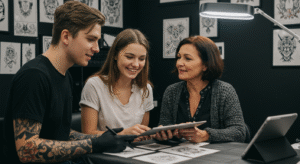 Mãe e filho adolescente conversando com um tatuador em um estúdio sobre a primeira tatuagem, com a devida autorização.