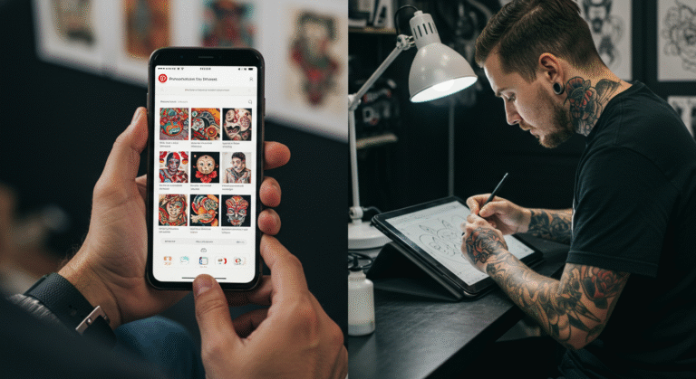 Pessoa navegando no Pinterest em um celular em busca de inspiração para tatuagens, ilustrando o poder da plataforma para tatuadores.