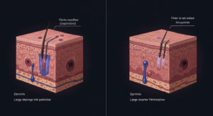 Diagrama mostrando a diferença de profundidade na pele entre a tatuagem, na derme, e a micropigmentação, na epiderme.