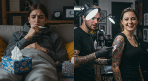 Comparativo mostrando uma pessoa doente e depois saudável em um estúdio, ilustrando que não se pode fazer tatuagem doente.
