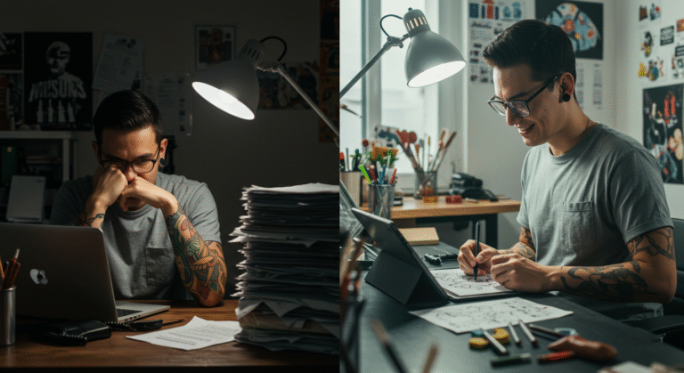 Comparativo mostrando um tatuador estressado com a gestão do estúdio de um lado, e um artista focado e criativo do outro.