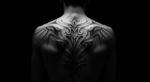 Pessoa com uma grande tatuagem Cyber Sigilism nas costas, mostrando as linhas finas e futuristas do estilo.