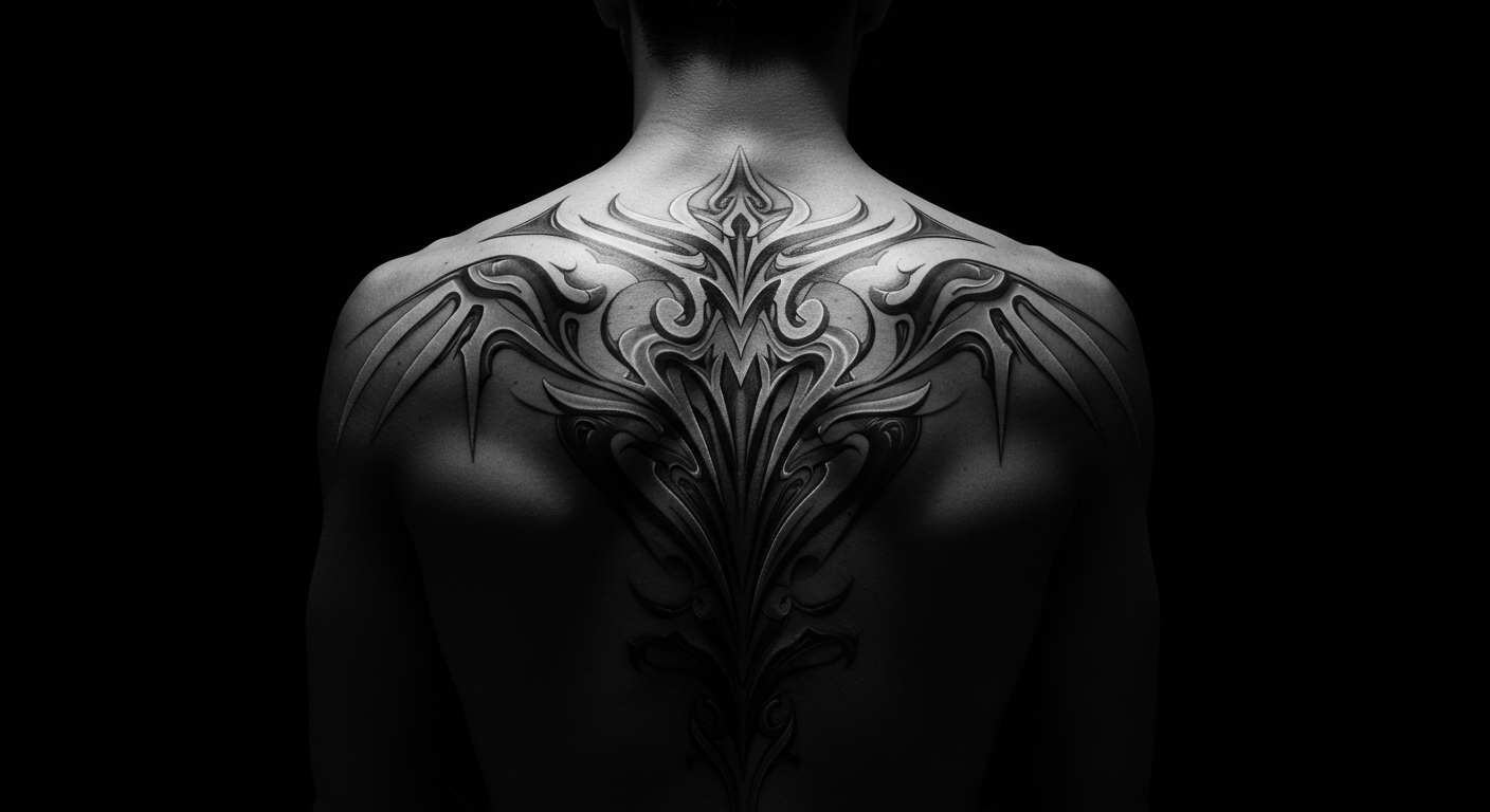 Pessoa com uma grande tatuagem Cyber Sigilism nas costas, mostrando as linhas finas e futuristas do estilo.