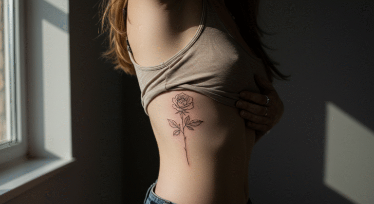 Mulher com uma tatuagem na costela delicada de uma rosa em fine line, mostrando uma ideia de arte para a região.