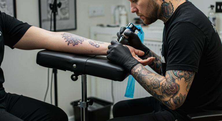 Tatuador trabalhando com a postura correta, com o braço do cliente posicionado em um apoio de braço para tatuagem profissional.