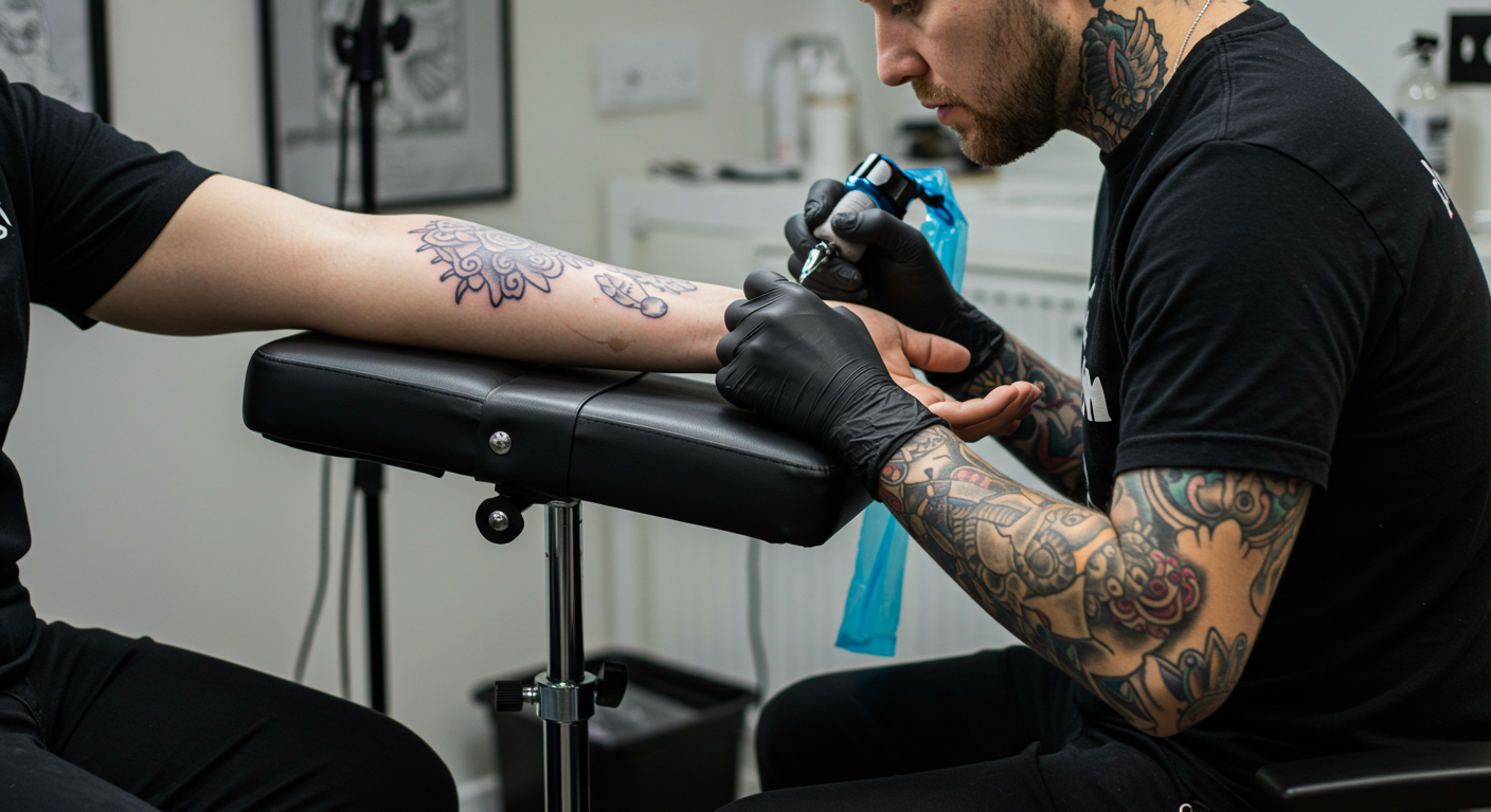 Tatuador trabalhando com a postura correta, com o braço do cliente posicionado em um apoio de braço para tatuagem profissional.