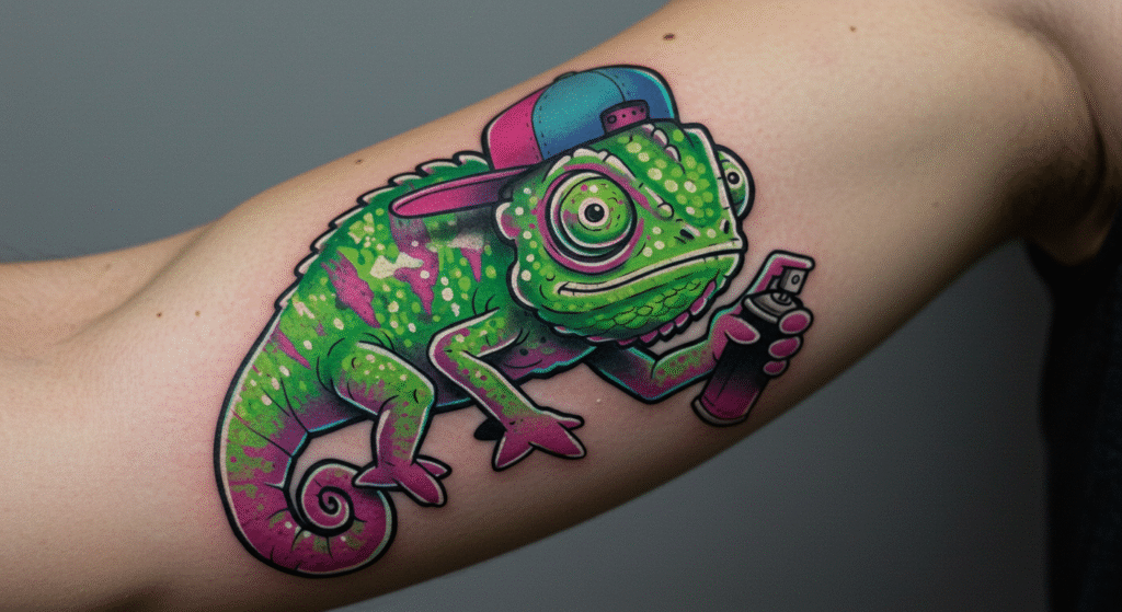 Tatuagem colorida no estilo New School de um camaleão com boné de graffiti, mostrando as cores vibrantes e a estética caricatural.