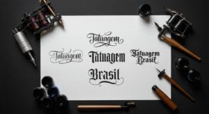 Atributo ALT da Imagem: Folha de papel com o nome"Tatuagem Brasil" escrita em 5 fontes diferentes para tatuagem, como Gótica e Cursiva.